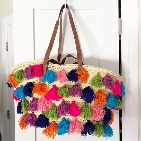 Bags Bright Multi Colorful Tassel Straw Beach Tote Bag Poshmark
